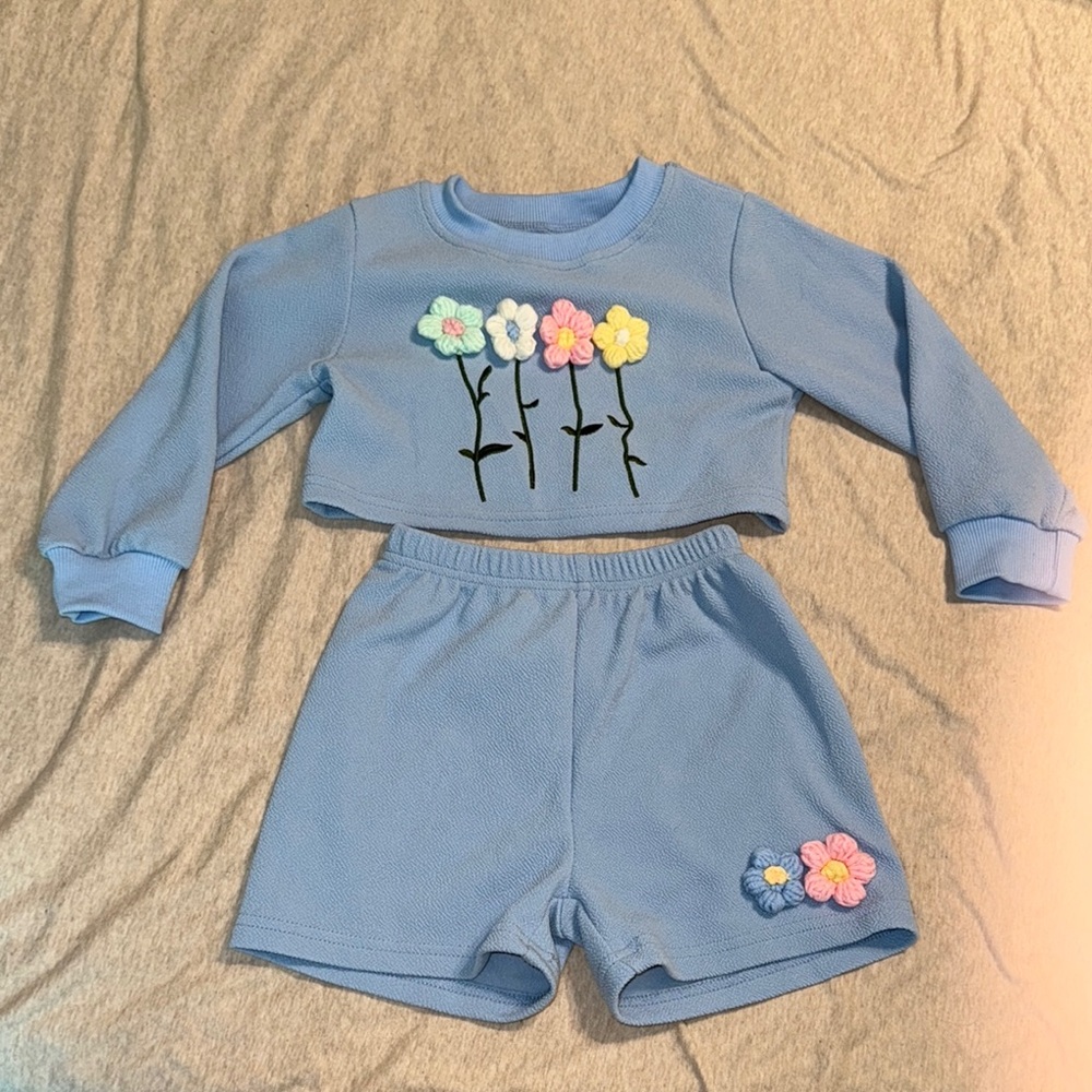 Blue Floral Embroidered Two-Piece Set